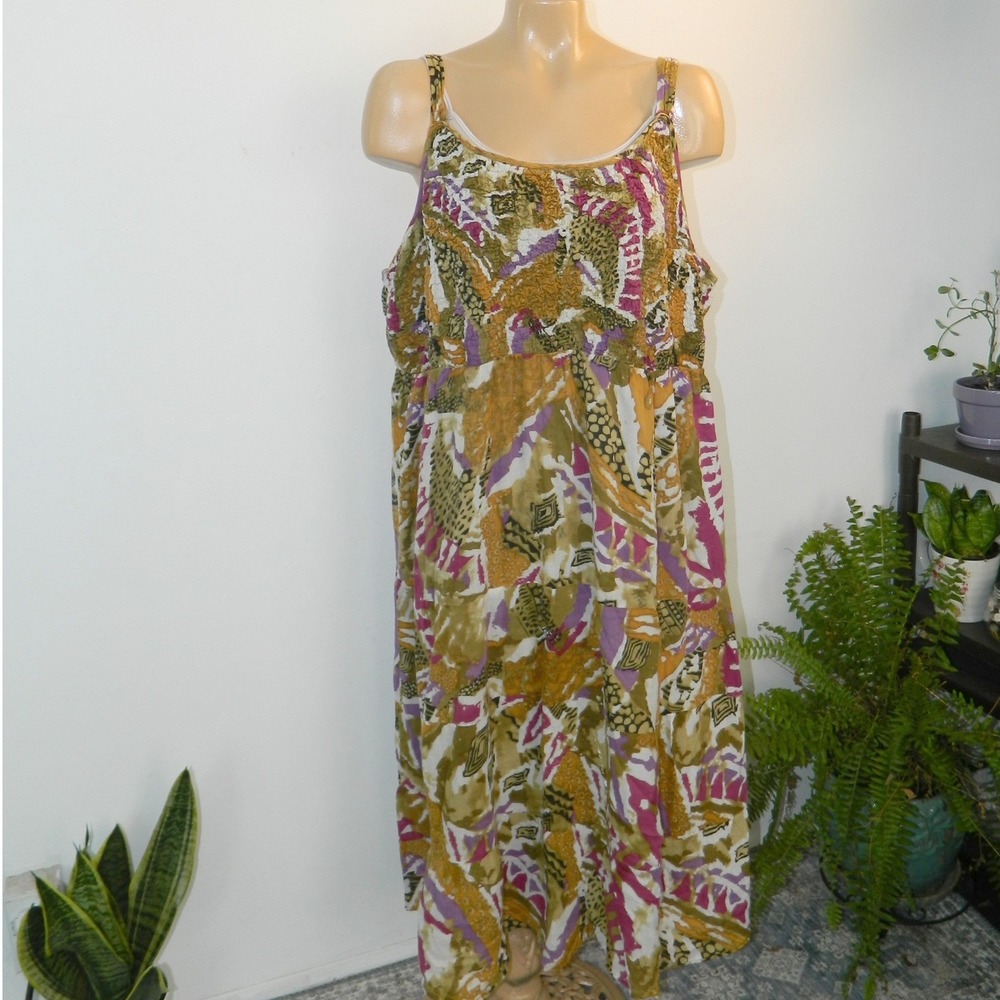 Mlle Gabrielle Midi Dress Women 3X Multicolor Abstract Cotton Boho Sleeveless